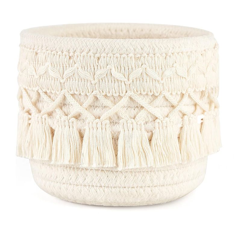 Beige Boho Cotton Rope Tassel Storage Baskets – Set of 2 Round Woven Organizers for Makeup Brushes & Desktop Essentials (12cm Diameter)