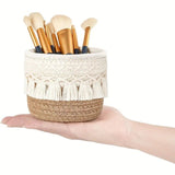 Beige Boho Cotton Rope Tassel Storage Baskets – Set of 2 Round Woven Organizers for Makeup Brushes & Desktop Essentials (12cm Diameter) - 45-Degree Angle
