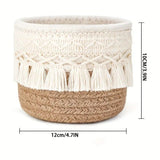 Beige Boho Cotton Rope Tassel Storage Baskets – Set of 2 Round Woven Organizers for Makeup Brushes & Desktop Essentials (12cm Diameter) - Rear View