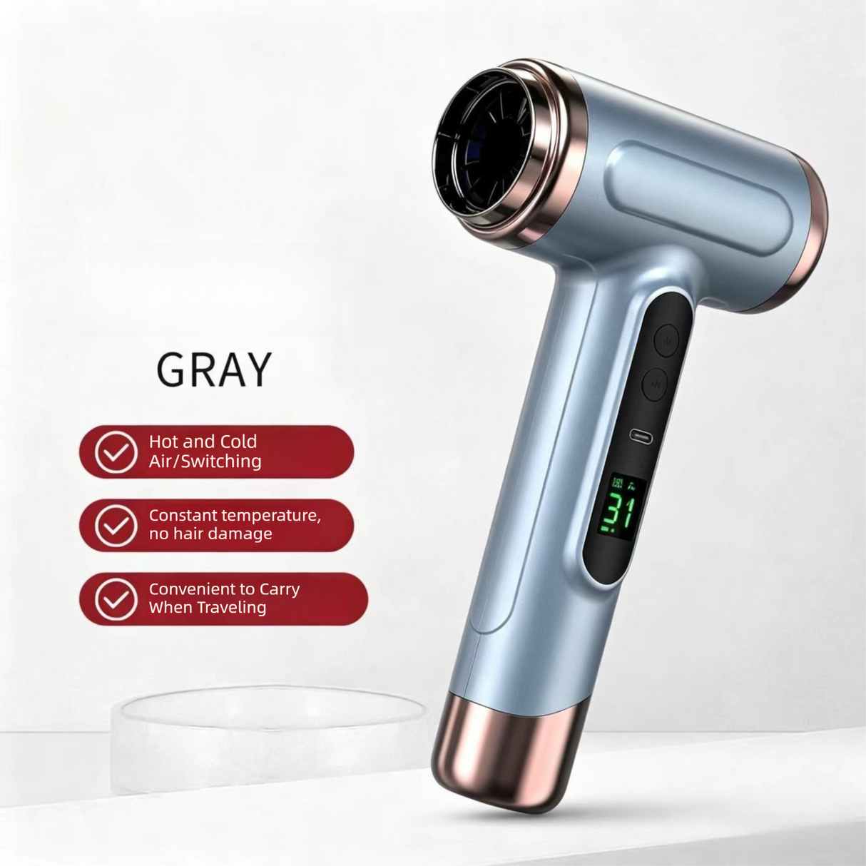 Gray wireless Hair Dryer with Cold & Hot Air, Portable Large-Capacity Rechargeable Ionic Dryer, Fast-Drying, Lightweight and Compact for Home and Travel