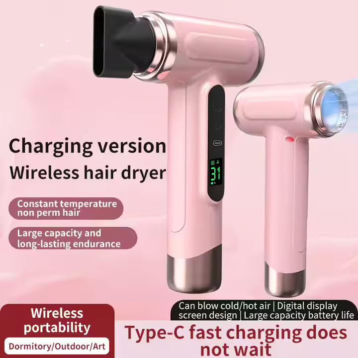 Gray wireless Hair Dryer with Cold & Hot Air, Portable Large-Capacity Rechargeable Ionic Dryer, Fast-Drying, Lightweight and Compact for Home and Travel