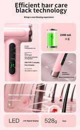 Gray wireless Hair Dryer with Cold & Hot Air, Portable Large-Capacity Rechargeable Ionic Dryer, Fast-Drying, Lightweight and Compact for Home and Travel