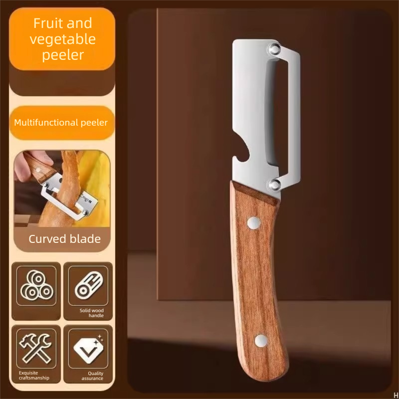 2-PCS Multi-Function Stainless Steel Peeler with Wooden Handle for Fruits, Vegetables, Sugarcane and Bottle Opening
