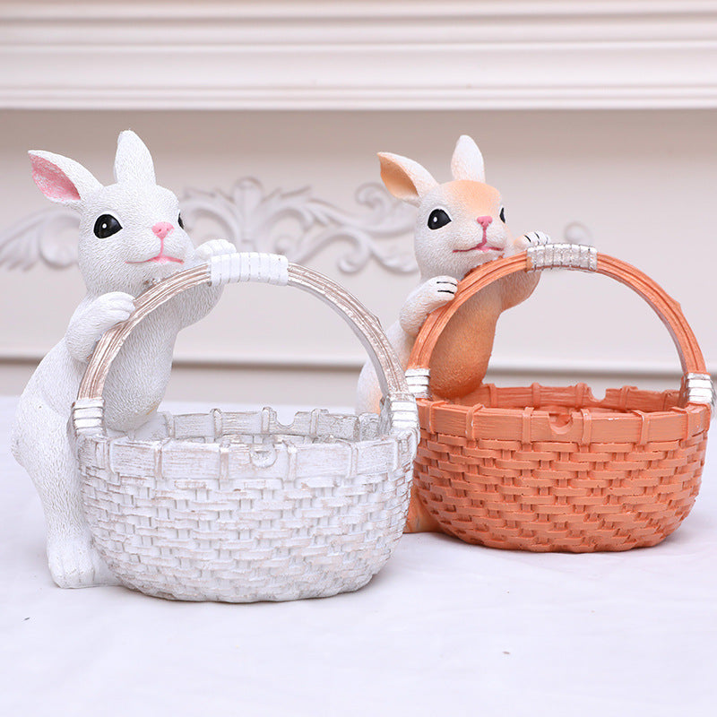 White Easter Rabbit Resin Decor with Basket – Festive Home Ornament for Spring and Holiday Display