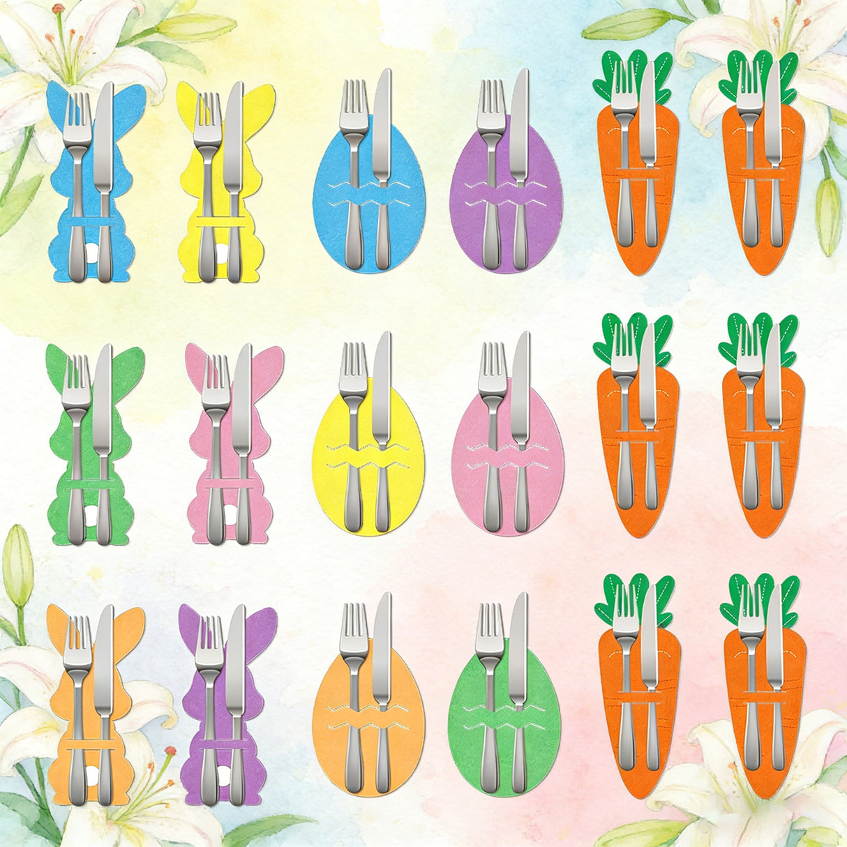 Carrot 18-Piece Easter Cutlery Holders Set – 3 Identical Sets of 6, Festive Tableware Decor for Holiday Dining and Party Use
