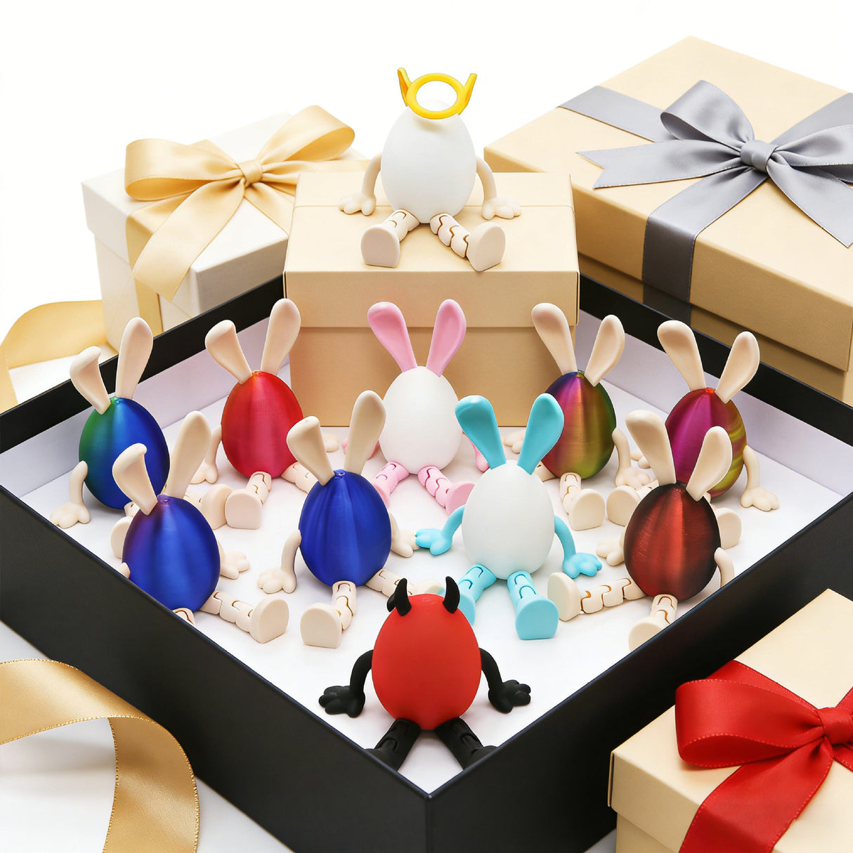 3-Piece Red and gold gradient Easter Figurine Set – Identical Poseable Egg-Shaped Toys for Holiday Display and Interactive Play