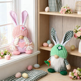 Green Easter Plush Bunny Gnome Figurine – Decorative Doll with Long Hair and Checkered Ears for Home Display - Front View