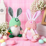 Green Easter Plush Bunny Gnome Figurine – Decorative Doll with Long Hair and Checkered Ears for Home Display - Side View