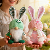 Green Easter Plush Bunny Gnome Figurine – Decorative Doll with Long Hair and Checkered Ears for Home Display - Top-Down View