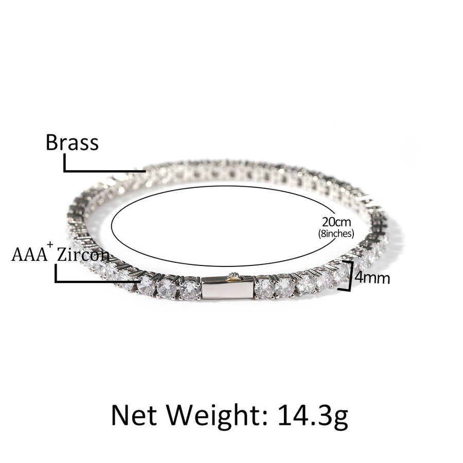 Silver Single-Row Zircon Bracelet – 4mm Wide, Brass Base with Secure Clasp, AAA+ Stones for Everyday Wear