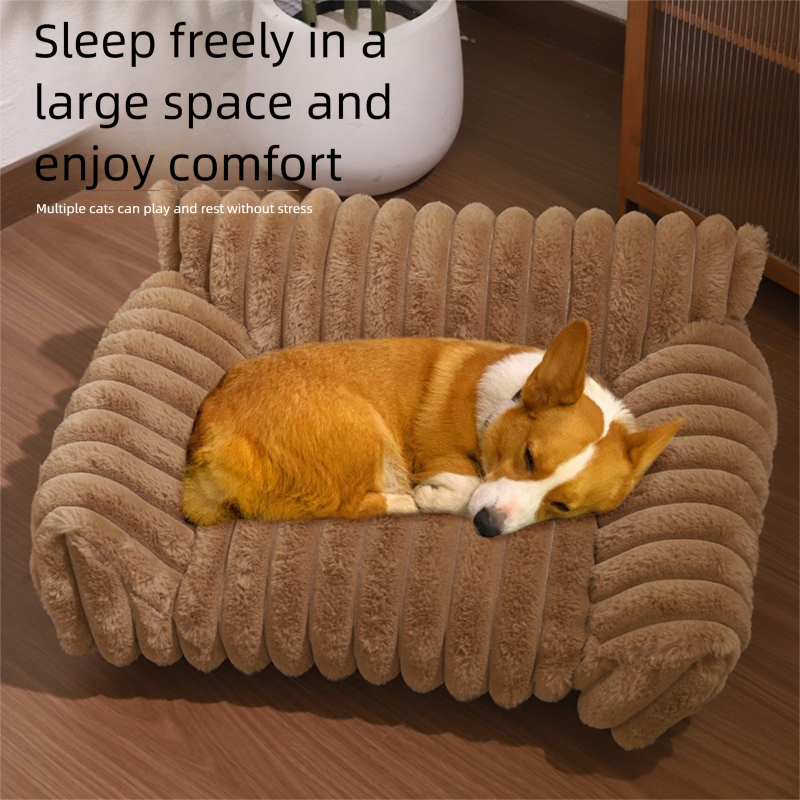 White  Plush Ribbed Pet Sofa Bed for Dogs and Cats - Thickened Milk Velvet Cushion, Large Comfy Dog Sofa(50*40*20cm)