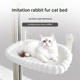 White Plush Cat Window Hammock with Strong Suction Cups, Faux Rabbit Fur Pet Bed for Cats and Small Dogs, Space-Saving Foldable Hanging Cat Perch for Sunbathing and Relaxation - Front View