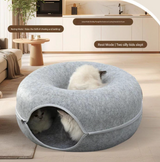 Sky blue Felt Donut Cat Bed with Zipper Tunnel Toy, Double-Layer Pet Cave for Cats, M Size (50x20cm), Cozy Hideaway for Indoor Cats - 45-Degree Angle