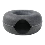 Dark grey Felt Donut Cat Bed with Zipper Tunnel Toy, Double-Layer Pet Cave for Cats, M Size (50x20cm), Cozy Hideaway for Indoor Cats
