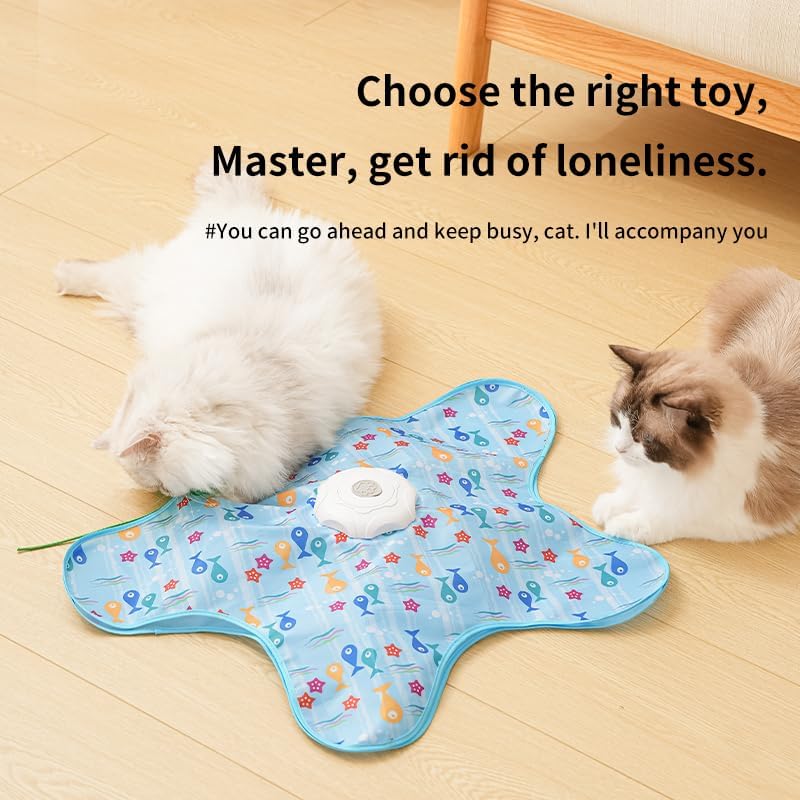 Automatic Cat Hunting Game Mat with 360° Teaser Wand, USB-C Rechargeable Interactive Pet Toy for Indoor Cats, Self-Entertainment Hide-and-Seek Play Mat, Durable Fabric & ABS Construction(Triangular fish design)