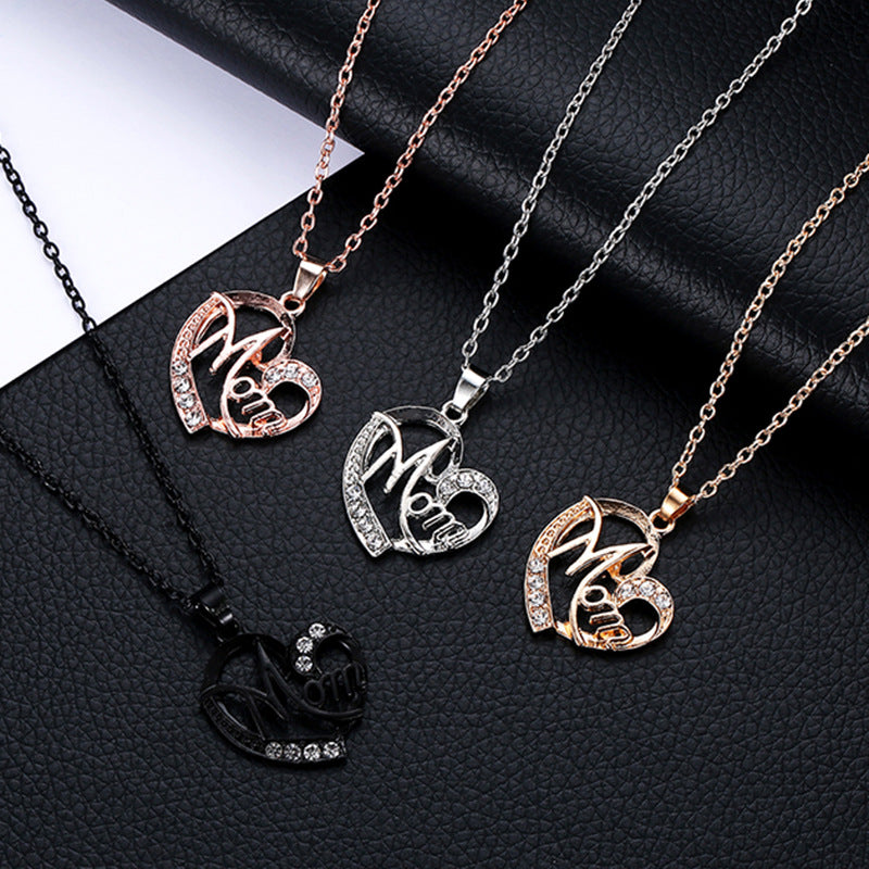 Silver MOM Heart Pendant Necklace with Rhinestones - Adjustable 47+5cm Chain, Lightweight Alloy Jewelry for Mother's Day Gift, Everyday Wear & Special Occasions - Elegant Letter Design for Women