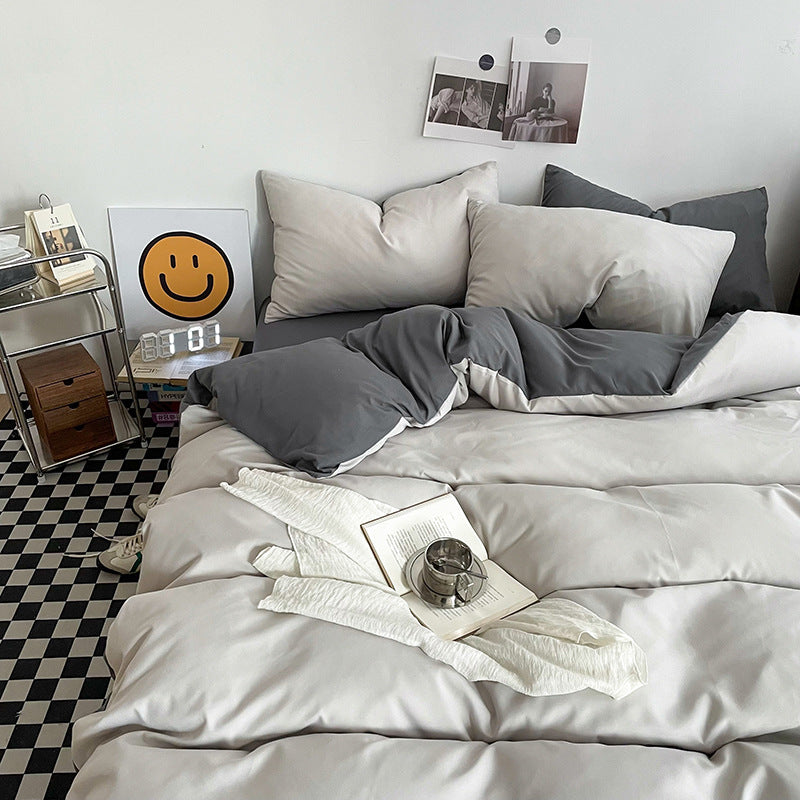 Haze gray Washed Cotton Bedding Set - Solid Color Fitted Sheet Style, 4-Piece Set for 1.5m Bed, Includes 10 Random Color Quilt Fasteners(1.5m)