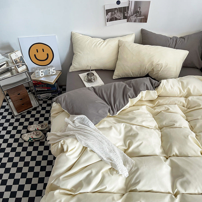 Light yellow and light gray Washed Cotton Bedding Set - Solid Color Fitted Sheet Style, 4-Piece Set for 1.5m Bed, Includes 10 Random Color Quilt Fasteners(1.5m)