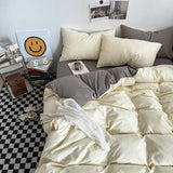 Light yellow and light gray Washed Cotton Bedding Set - Solid Color Fitted Sheet Style, 4-Piece Set for 1.5m Bed, Includes 10 Random Color Quilt Fasteners(1.5m)