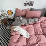 Light grey and pink Washed Cotton Bedding Set - Solid Color Fitted Sheet Style, 4-Piece Set for 1.8m Bed, Includes 10 Random Color Quilt Fasteners