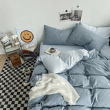 Hazy Blue Washed Cotton Bedding Set - Solid Color Fitted Sheet Style, 4-Piece Set for 1.8m Bed, Includes 10 Random Color Quilt Fasteners