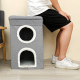 Grey 3-Story Villa Cat House with Scratching Posts - Foldable Double-Decker Cat Condo, Warm & Breathable All-Season Pet Bed, Multi-Functional Play & Sleep Space, Durable Easy-Clean Fabric - Side View