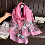 Peach blossom pink Elegant Embroidered Begonia Flower Long Scarf for Women - Beaded Faux Silk Shawl with Floral Design, Lightweight Sunscreen Wrap for Spring Autumn Daily Wear