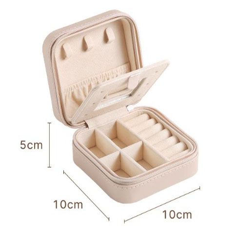 Grey Mini Travel Jewelry Box with Mirror - 10x10x5cm Portable PU Leather Organizer for Rings, Earrings, Necklaces, Anti-Tarnish Velvet Interior, Compact Design for On-the-Go Storage