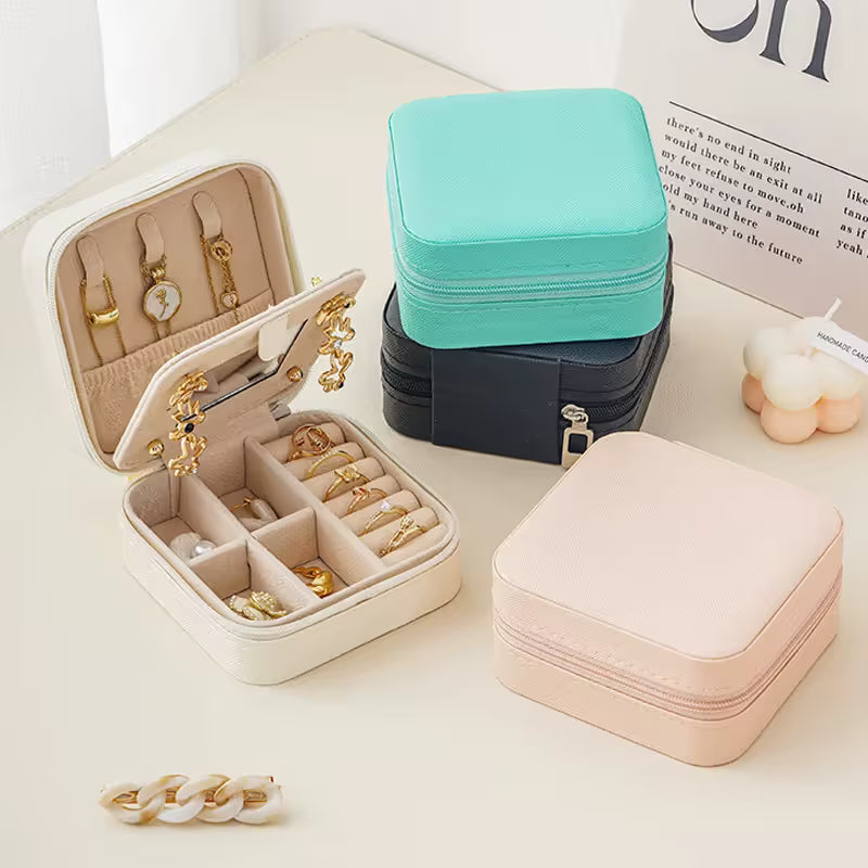 White Mini Travel Jewelry Box with Mirror - 10x10x5cm Portable PU Leather Organizer for Rings, Earrings, Necklaces, Anti-Tarnish Velvet Interior, Compact Design for On-the-Go Storage