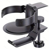 Black 2-in-1 Rotating Headphone and Cup Holder - No-Drill Aluminum Alloy Desk Clamp Mount for Over-Ear Headsets and Beverages - Space-Saving Organizer for Home Office and Gaming Setup