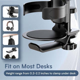 Black 2-in-1 Rotating Headphone and Cup Holder - No-Drill Aluminum Alloy Desk Clamp Mount for Over-Ear Headsets and Beverages - Space-Saving Organizer for Home Office and Gaming Setup - Side View