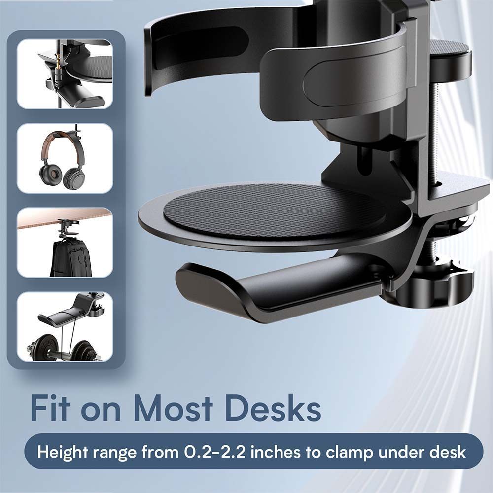 Silver 2-in-1 Rotating Headphone and Cup Holder - No-Drill Aluminum Alloy Desk Clamp Mount for Over-Ear Headsets and Beverages - Space-Saving Organizer for Home Office and Gaming Setup
