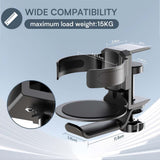 Silver 2-in-1 Rotating Headphone and Cup Holder - No-Drill Aluminum Alloy Desk Clamp Mount for Over-Ear Headsets and Beverages - Space-Saving Organizer for Home Office and Gaming Setup - Top-Down View