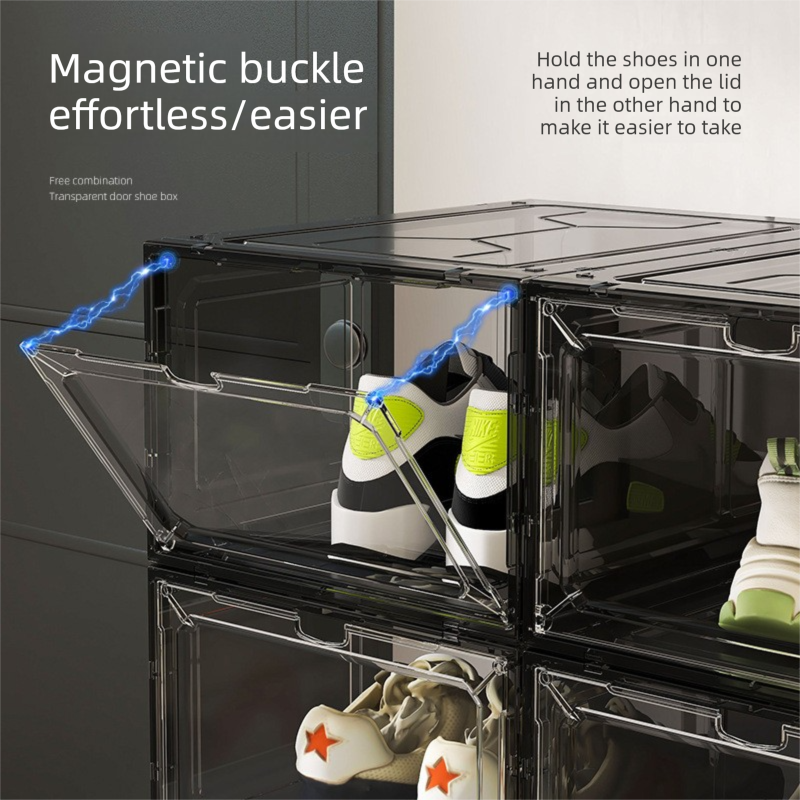 Black Transparent Magnetic Shoe Box Stackable Dustproof Sneaker Storage Case for Basketball Shoes Clear Display Organizer for Local Home and Dormitory