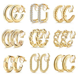 9 Pairs Geometric C-Shaped Non-Pierced Ear Clips Minimalist Hollow Electroplated Alloy Ear Cuffs Painless Fashion Accessory for Local Women