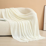 White Elegant Openwork Knitted Throw Blanket with Tassels - 127x180cm Large Decorative Soft Sofa Blanket for Living Room & Bedroom - Breathable Cozy Cover for Travel & Office Nap