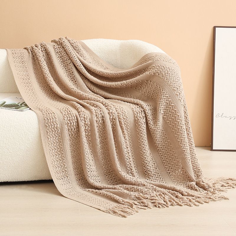 Khaki Elegant Openwork Knitted Throw Blanket with Tassels - 127x180cm Large Decorative Soft Sofa Blanket for Living Room & Bedroom - Breathable Cozy Cover for Travel & Office Nap