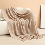Khaki Elegant Openwork Knitted Throw Blanket with Tassels - 127x180cm Large Decorative Soft Sofa Blanket for Living Room & Bedroom - Breathable Cozy Cover for Travel & Office Nap