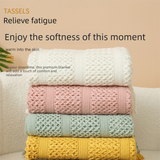 Yellow Elegant Openwork Knitted Throw Blanket with Tassels - 127x180cm Large Decorative Soft Sofa Blanket for Living Room & Bedroom - Breathable Cozy Cover for Travel & Office Nap - Side View