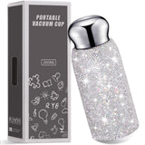 White Handmade Luxury Diamond Insulated Water Bottle – Bling Rhinestone 304 Stainless Steel Pocket Mug (260ml)