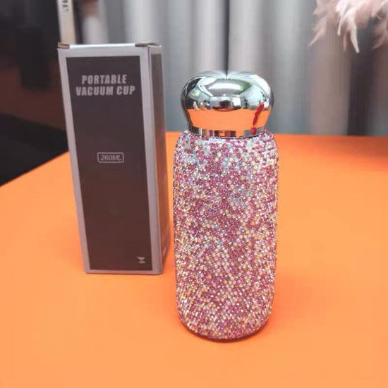 Pink Handmade Luxury Diamond Insulated Water Bottle – Bling Rhinestone 304 Stainless Steel Pocket Mug (260ml)