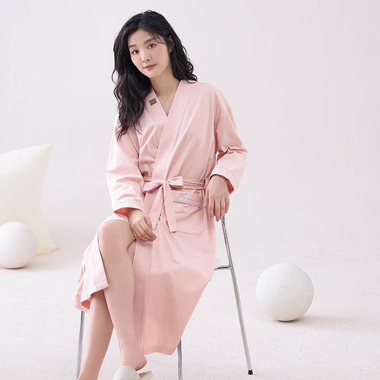 Pink  M size Women's Cotton Robe — Autumn/Winter Bathrobe & Morning Gown | Long Sleeve, Mid-Length, Plus Size | Loose, Comfortable, and Machine Washable | Suitable for All Seasons