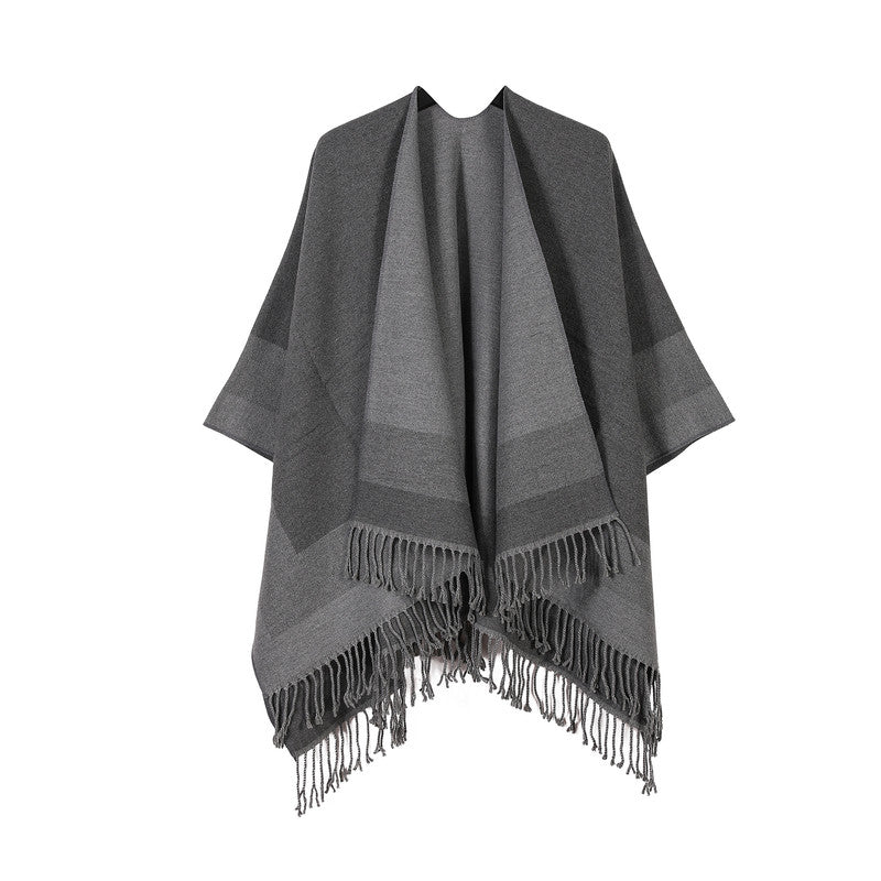 Grey elegant women's tassel cape shawl scarf, multi-functional all-in-one warm and comfortable winter shawl scarf, convenient for home, travel, and office wear, stylish and beautiful with tassels.