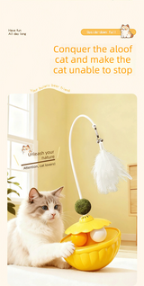Yellow 2Pcs Interactive Cat Wobble Toy Set - Dual Ball Turntable & Feeder with Feather Teaser and Catnip Ball - PP Plastic for Kitten Self-Entertainment