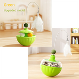 Green 2Pcs Interactive Cat Wobble Toy Set - Dual Ball Turntable & Feeder with Feather Teaser and Catnip Ball - PP Plastic for Kitten Self-Entertainment