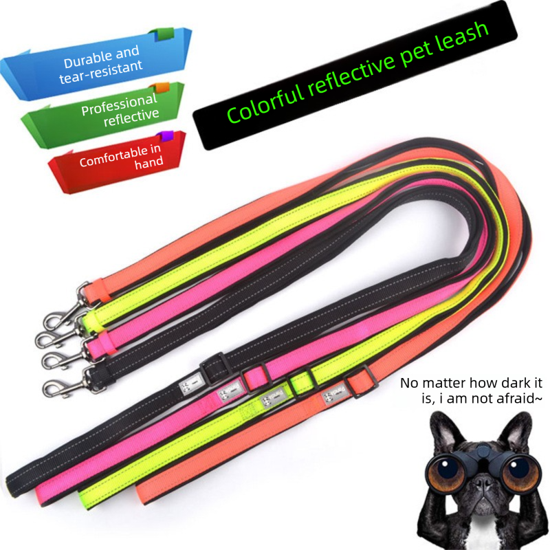 Pink M size Vibrant Reflective Dog Collar and Leash Set - Adjustable Nylon Pet Harness with Comfortable Padding