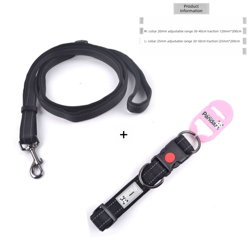 Black M size Vibrant Reflective Dog Collar and Leash Set - Adjustable Nylon Pet Harness with Comfortable Padding