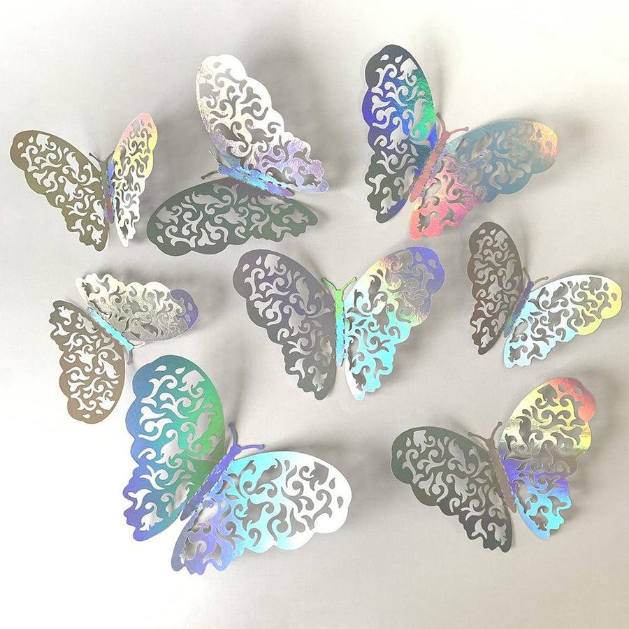 3D Butterfly Wall Stickers - Iridescent Silver Paper - 72pcs Set, Hollow Cut Design, Removable Decor for Home, Party, Wedding,Easy Peel and Stick-Style A