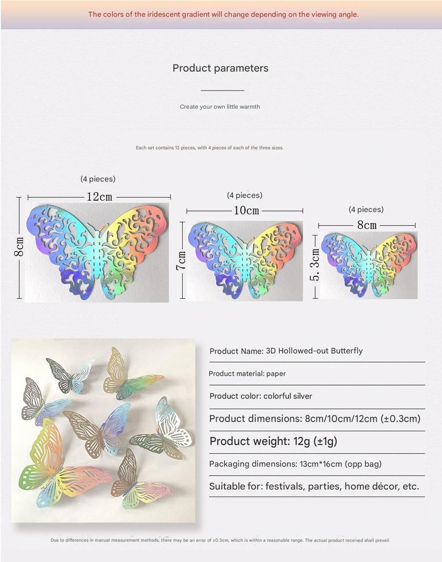 3D Butterfly Wall Stickers - Iridescent Silver Paper - 72pcs Set, Hollow Cut Design, Removable Decor for Home, Party, Wedding,Easy Peel and Stick-Style A