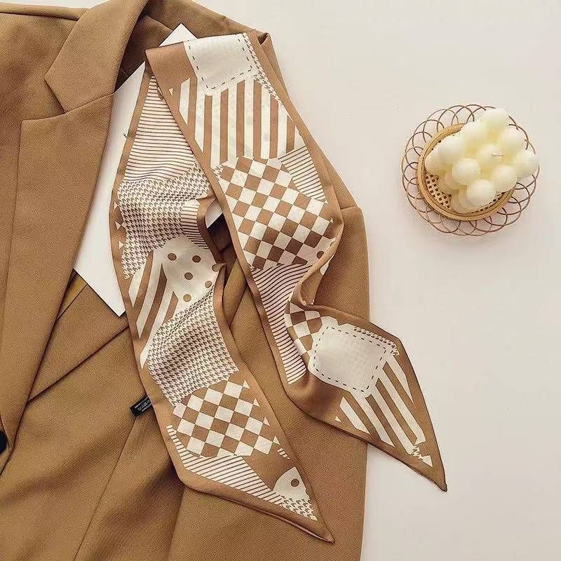 2-piece Coffee Geometric and Diamond Grid French Style Long Silk Scarf - Coffee  Print - Versatile Skinny Neck Ribbon, Hair Tie, Bag Handle Accessory, Elegant Office Wear, Lightweight Polyester